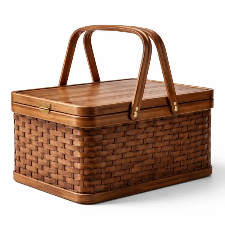 A carbonized bamboo picnic basket with a rich, dark finish, rectangular shape and smooth woven design, complete with a matching robust bamboo handle.
