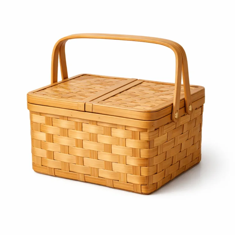 A classic rectangular bamboo picnic basket with a smooth woven finish in a natural bamboo color, featuring a simple upright handle for easy carrying.