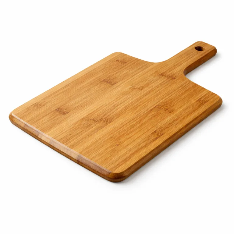 A carbonized bamboo pizza cutting board offering a deeper tone with a beveled edge for easy handling, designed with a rectangular handle. The board has a contemporary look while remaining highly functional.