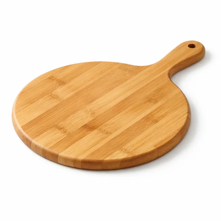 A natural bamboo pizza cutting board featuring softly rounded edges and a round handle, perfect for slicing and serving pizza. The surface displays authentic bamboo grain, finished without any stain for a classic look.