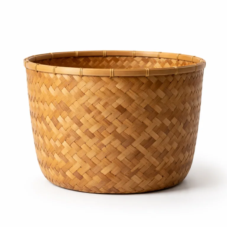 A round bamboo plant basket cover in a rich carbonized finish, skillfully woven with a smooth pattern and a beveled upper edge for sleek modern appeal. Perfect for adding warmth and sustainability to home decor.