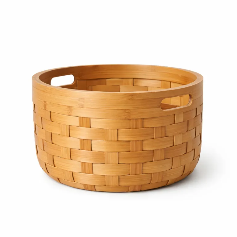 A round bamboo basket cover with a matte-oiled finish for a soft natural sheen, featuring sturdy integrated side handles for easy lifting. The smooth woven structure adds a refined touch for stylish plant display.