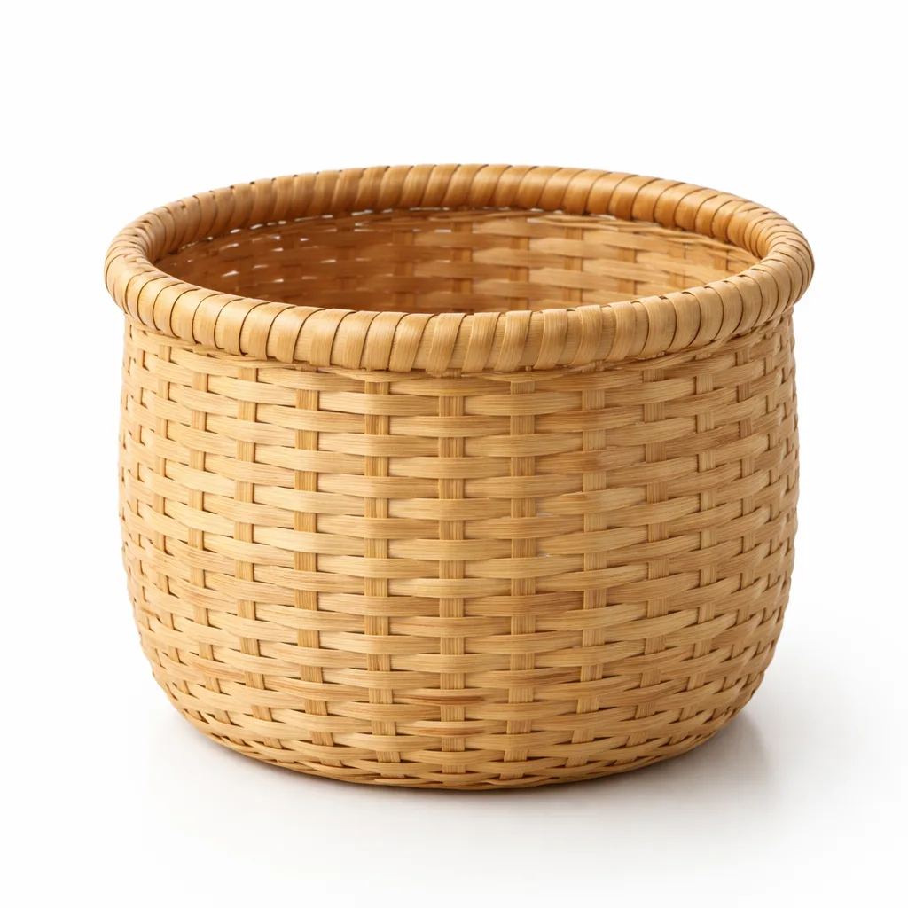 A natural finish bamboo basket cover, featuring a smooth handwoven pattern and a gently rounded rim for a classic look. Ideal as a decorative plant pot cover, crafted from eco-friendly bamboo in a round shape with enhanced edge comfort.