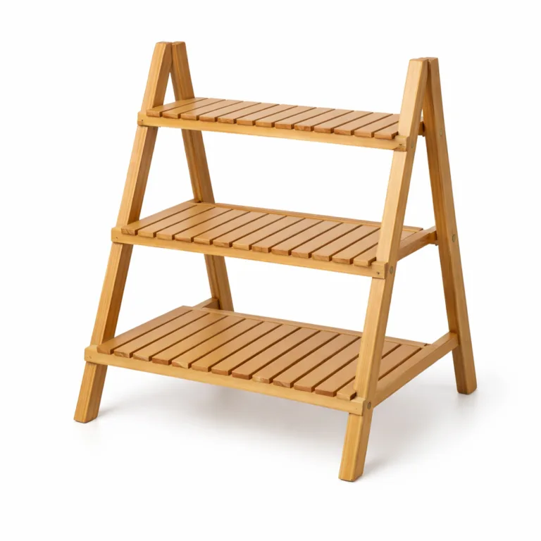 A 3-tier bamboo plant rack featuring a natural wood finish and classic straight-edged shelves. Designed for displaying plants, this minimalist and sustainable rack highlights the beauty of raw bamboo. Perfect for modern home décor.