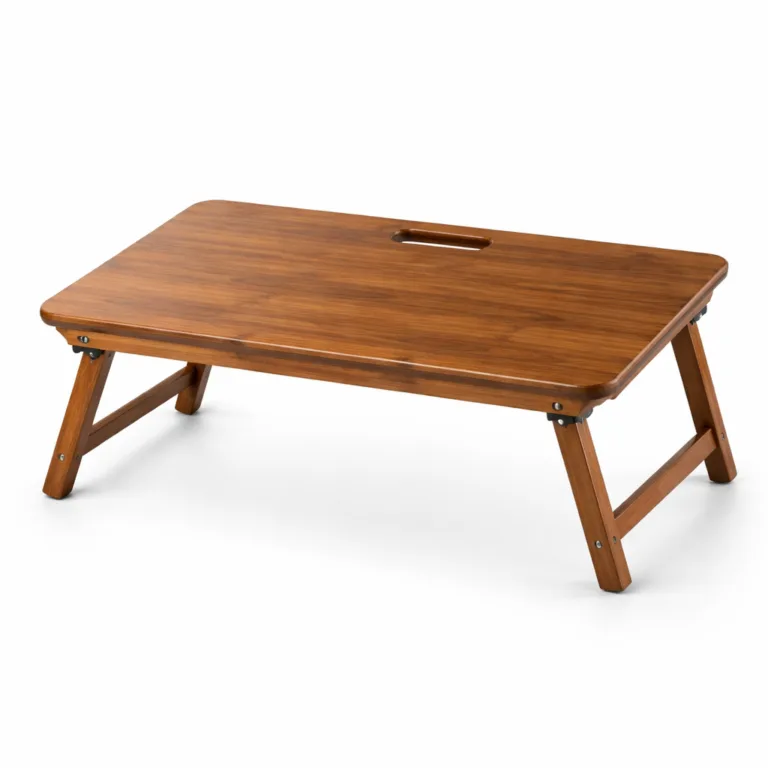A sleek Bamboo Portable Study Lap Desk constructed with a dark carbonized bamboo finish and elegant beveled edges, including foldable legs and an ergonomic handle for portability and style.