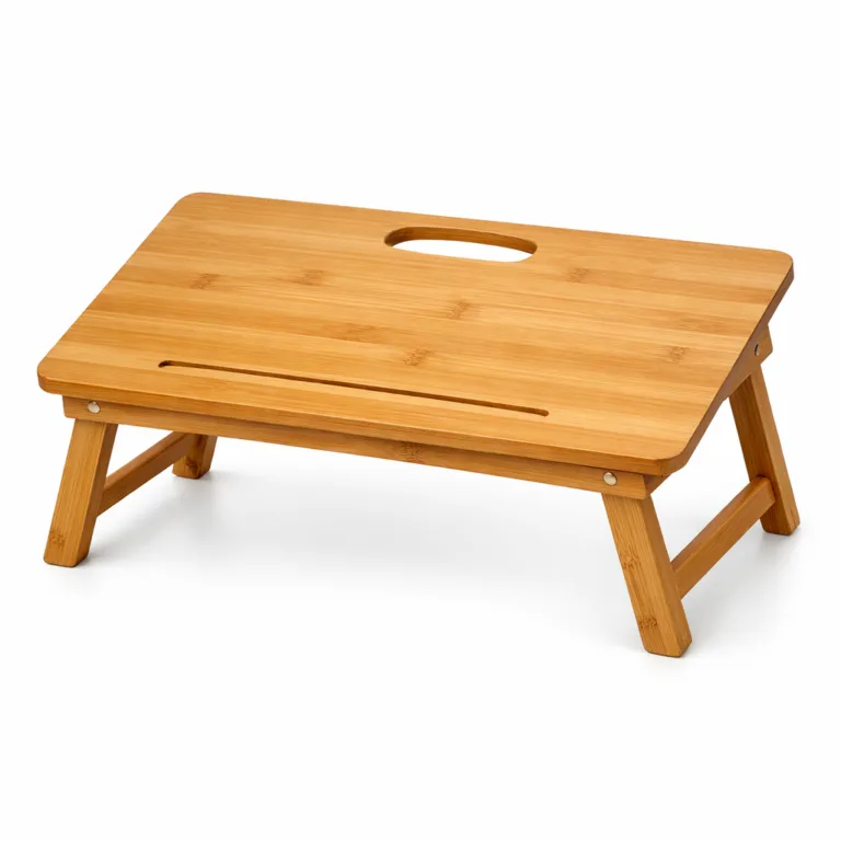 A Bamboo Portable Study Lap Desk in a matte-oiled finish, featuring a convenient surface groove for pens or pencils, along with foldable legs and an ergonomic cut-out handle.