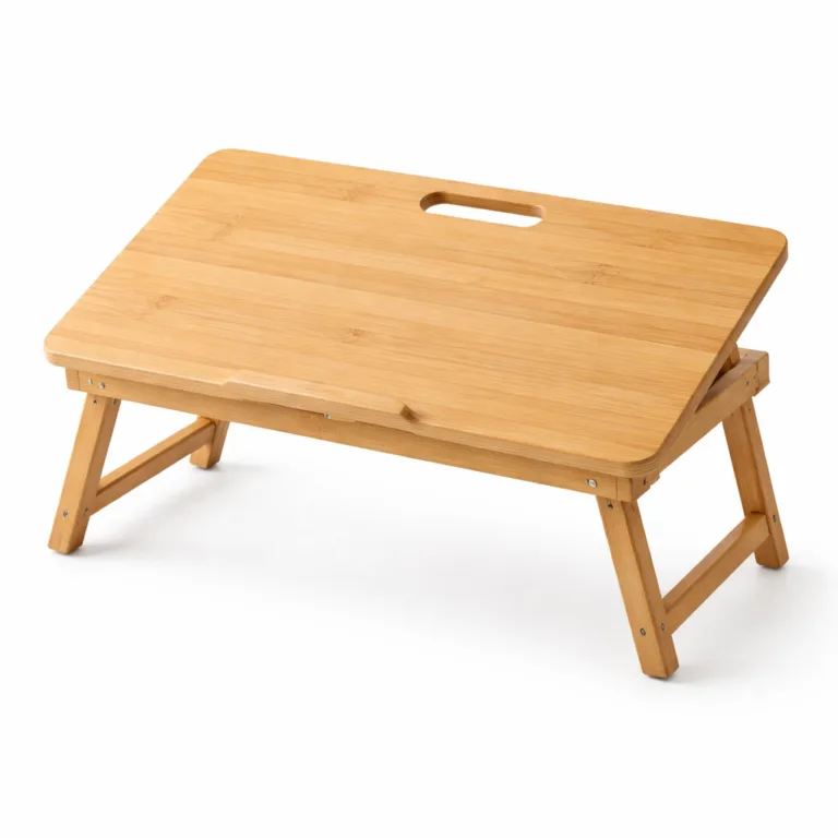 A minimalist Bamboo Portable Study Lap Desk featuring a natural bamboo finish and smooth rounded edges, with an ergonomic cut-out handle and foldable legs, ideal for comfortable studying or laptop use.