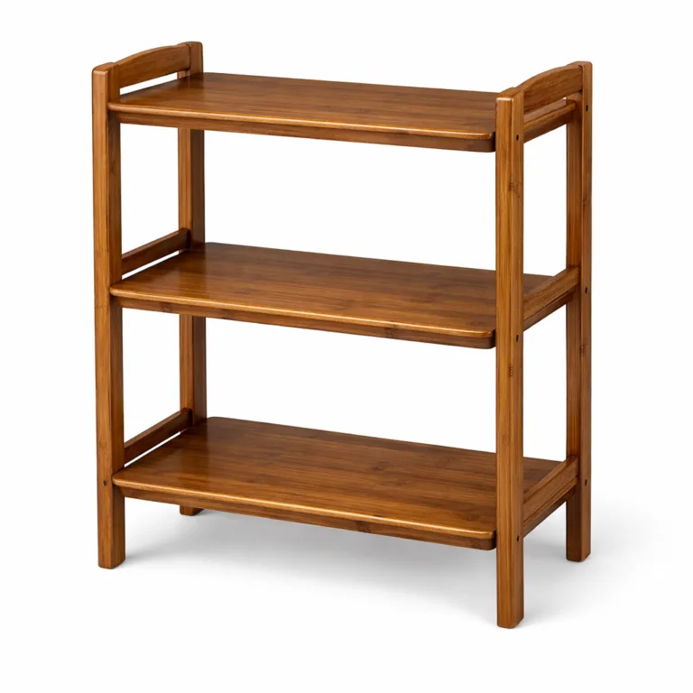 A 3-tier bamboo storage rack with a deep carbonized finish for richer color and rounded shelf edges for added safety and aesthetics. The sturdy frame is showcased on a crisp white background, emphasizing the beautiful wood grain detail.