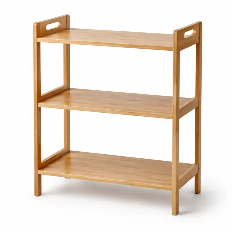 This 3-tier bamboo storage rack offers a matte-oiled finish for a contemporary style, beveled edges for a refined look, and built-in handles on both sides for easy mobility, displayed on a white studio backdrop for e-commerce.