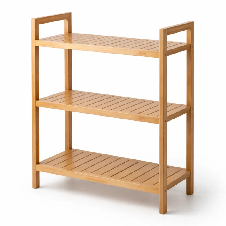 A bamboo 3-tier vertical storage rack featuring a classic natural finish and clean straight edges, presented on a pure white background for e-commerce. The smooth surface and minimalist design highlight the organic beauty of bamboo.
