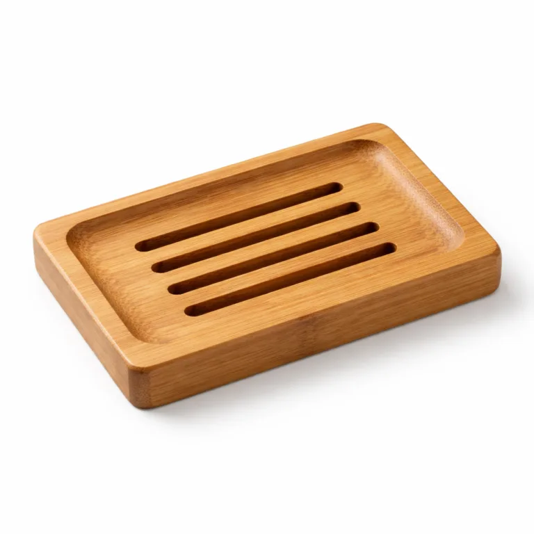 A carbonized bamboo rectangular soap plate shown with sleek slotted drainage and a darker wood tone. The beveled edge design adds an elegant touch while maintaining functionality.