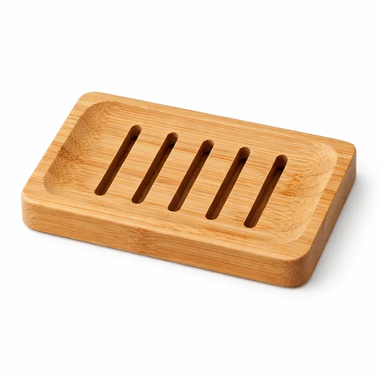 A high-realism studio photo of a bamboo rectangular soap plate featuring a natural bamboo finish and smoothly rounded corners. The classic slotted surface allows for drainage, and the soft edge profile enhances comfort and modern aesthetics.