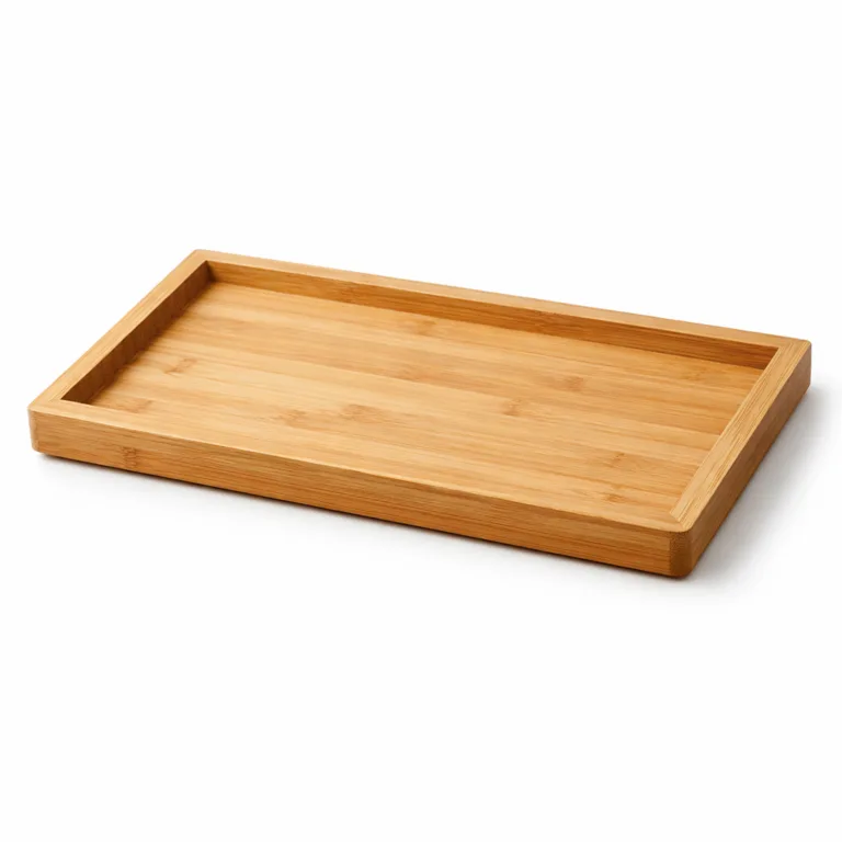 A rectangular bamboo tray made from natural moso bamboo featuring a thicker profile and precisely beveled edges. The sturdy, minimal design offers enhanced durability and visual appeal for modern settings.