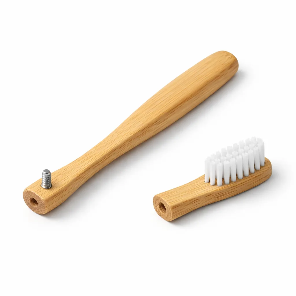 A single Bamboo Replaceable Head Toothbrush featuring a smooth natural bamboo handle with gently rounded edges for comfortable grip. The toothbrush showcases a sleek ergonomic shape, a soft bristle head with a replaceable mechanism, and a pure, uncoated bamboo finish. Studio-lit on a white background for a clean, commercial presentation.