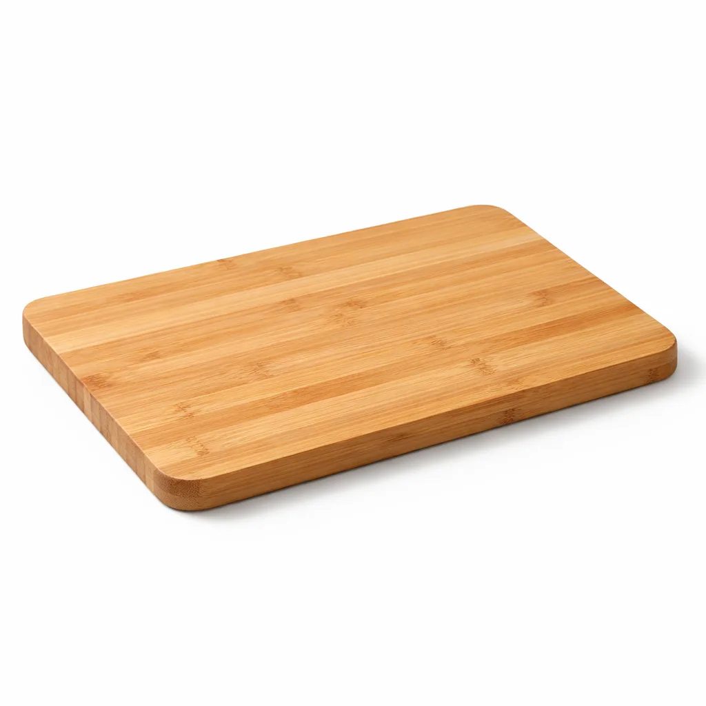 This variant features a reversible chopping board crafted from natural bamboo, with gently rounded edges for comfort and a classic smooth finish suitable for everyday kitchen use.