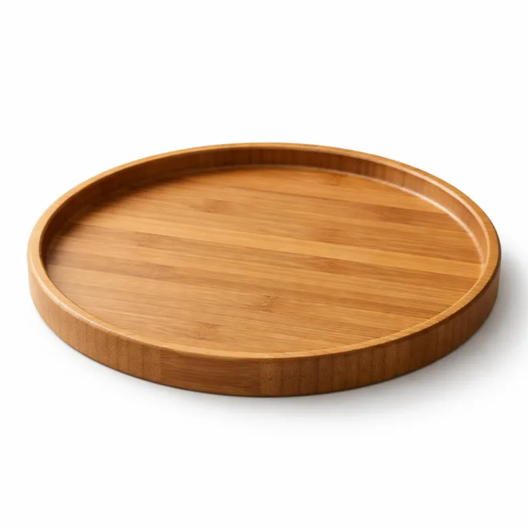 This round tray is made from carbonized bamboo, giving it a warm brown tone. The beveled edge provides an elegant touch, blending beautiful craftsmanship with everyday functionality for serving or organizing.