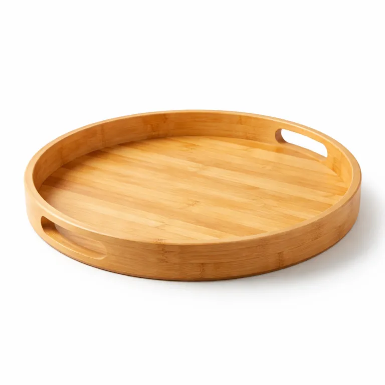 This natural bamboo round tray includes two subtle cut-out handles, making it easy to lift and carry. The sturdy design and smooth finish are perfect for serving snacks or organizing items at home.