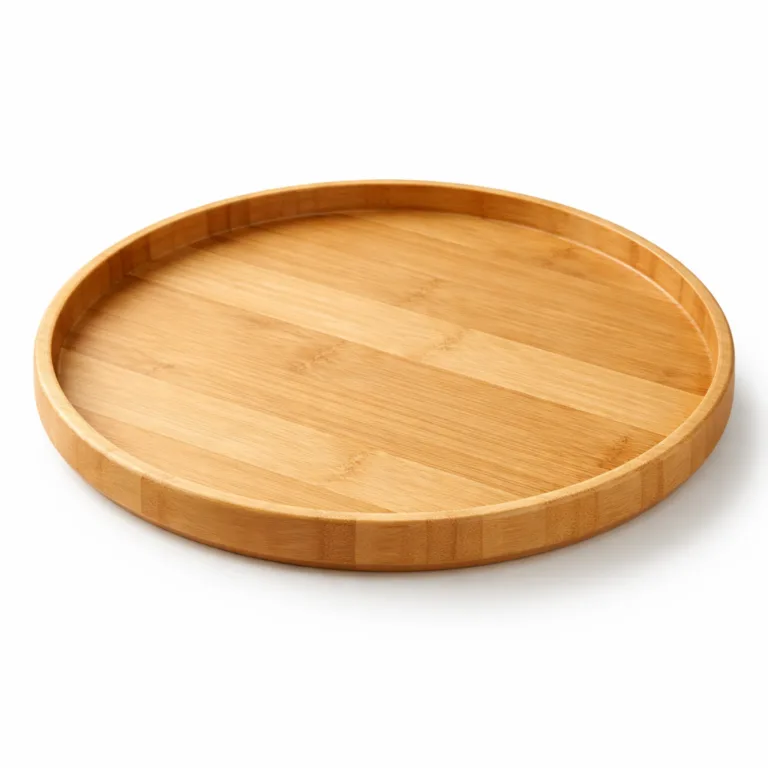 This bamboo round tray features a natural finish and a gently rounded edge for a classic look and comfortable grip. The clean lines highlight the fine, natural bamboo grain, making it ideal for both serving and display.