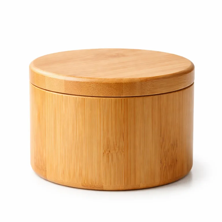 A natural bamboo round tea canister featuring a smooth surface and gently rounded edges, offering an organic look that's ideal for tea storage.