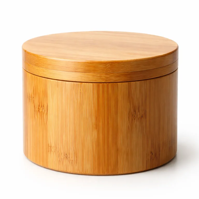 A polished bamboo round tea canister featuring a lid with a clean groove detail around its edge, combining functionality with visual interest.