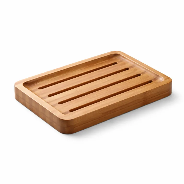 A rectangular bamboo soap tray crafted from moso bamboo with a warm carbonized finish and sharply beveled edges. Features deep drainage grooves for water drainage. Captured in detailed studio lighting on a pure white background for product marketing.