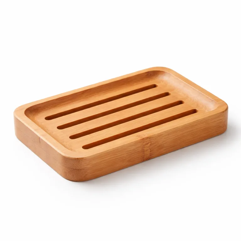 bwa bamboo self draining soap natural rounded A moso bamboo soap tray featuring a natural wood finish and gently rounded edges. Engineered with evenly spaced drainage grooves for optimal water runoff. Photographed on a white studio background with sharp details for e-commerce display.