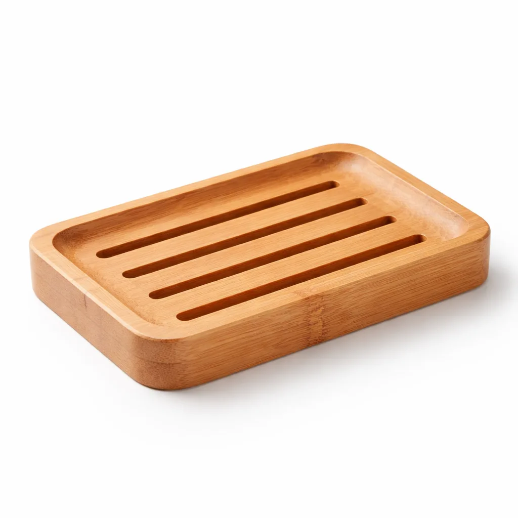 A moso bamboo soap tray featuring a natural wood finish and gently rounded edges. Engineered with evenly spaced drainage grooves for optimal water runoff. Photographed on a white studio background with sharp details for e-commerce display.