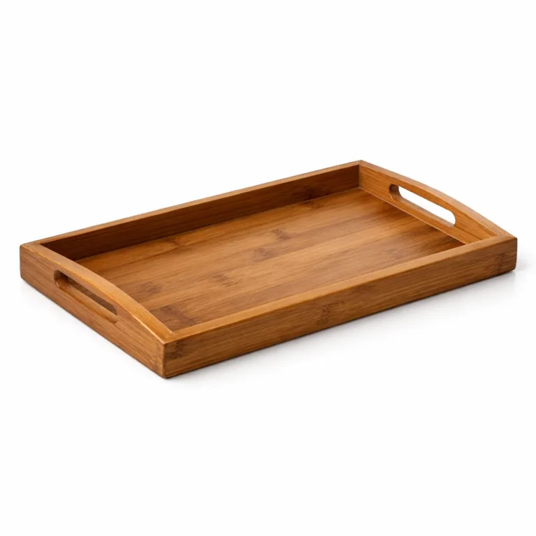 A sophisticated bamboo serving tray made with a carbonized finish, giving the bamboo a rich, deep brown tone. Enhanced with beveled edges for a sleek and modern look, and ergonomic cut-out side handles for comfortable carrying.