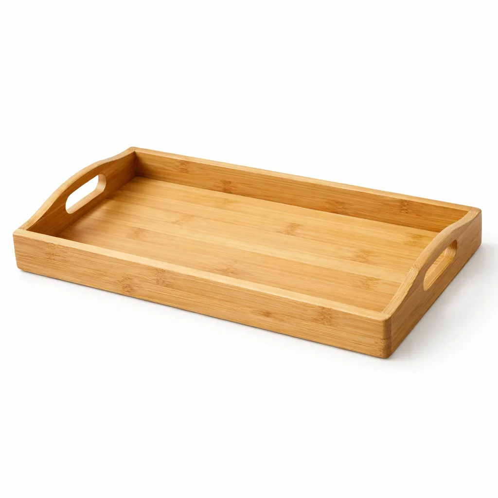 A classic bamboo serving tray featuring a simple natural finish and softly rounded edges. The built-in handles allow for easy grip, making it ideal for serving drinks or snacks. Made from eco-friendly bamboo, this tray highlights the organic grain and tone of the wood.