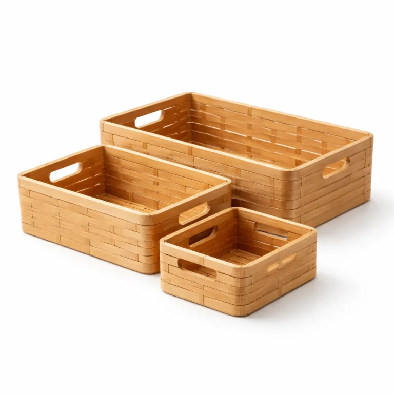 Natural bamboo shelf basket set in three sizes with rectangular forms, each basket highlighted by integrated handle slots for easy carrying. Arranged for e-commerce shooting on a clean white backdrop.