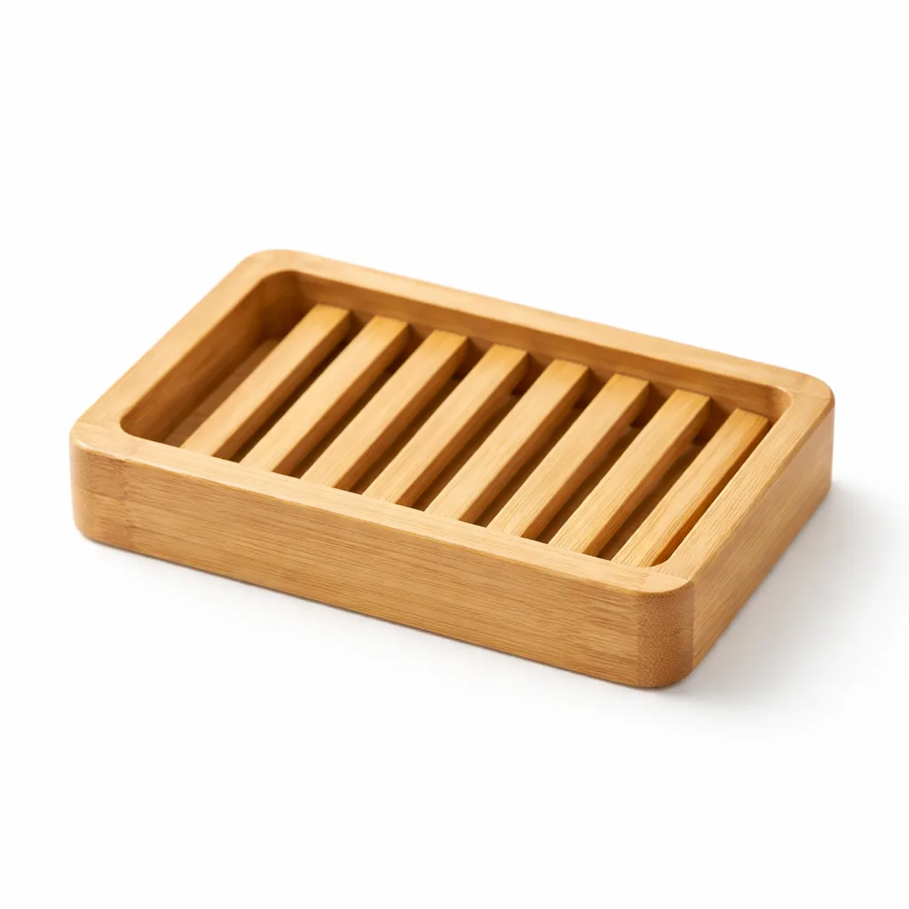 A classic rectangular bamboo slatted soap dish featuring a natural matte finish and smooth, softly rounded edges for a refined look. Ideal for draining soap and adding a touch of eco elegance to any bathroom.