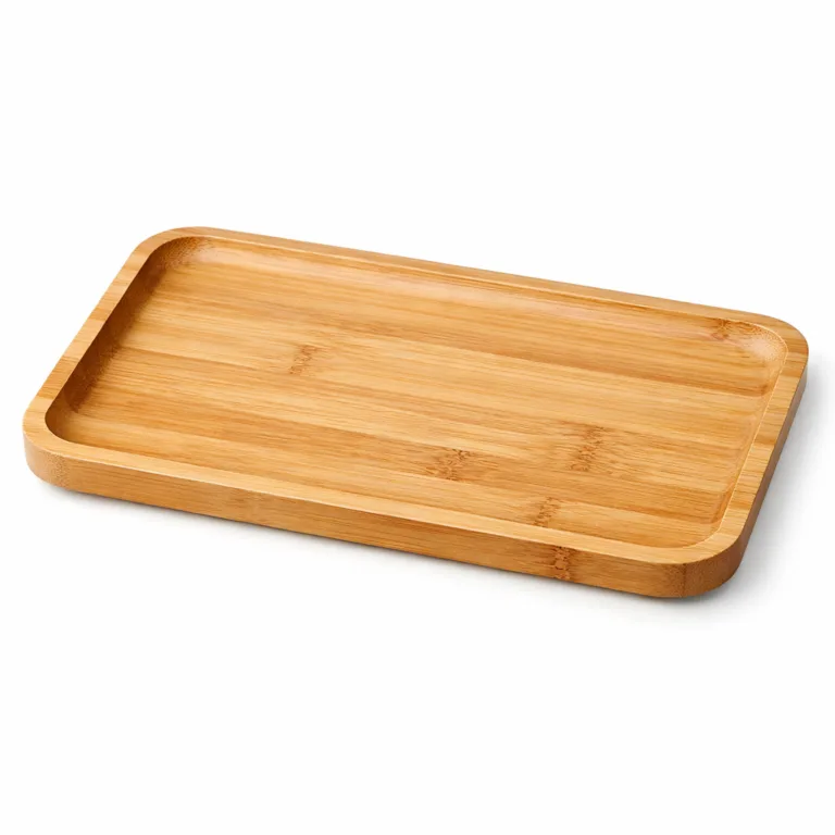 A natural bamboo snack tray platter with a rectangular shape and smooth, rounded edges, highlighting the organic grain of bamboo. High clarity studio photo ideal for e-commerce listing.