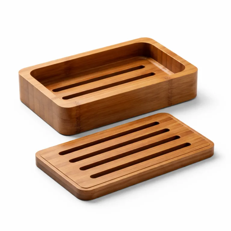A bamboo soap dish with a rich carbonized finish, giving the bamboo a deeper, brown tone. Features a rectangular shape and removable grooved tray, elegantly lit against a white studio backdrop.
