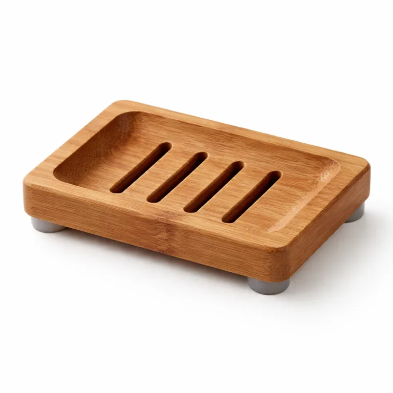 A sturdy rectangular soap dish crafted from carbonized bamboo, featuring beveled edges for a refined look. The distinct slotted drainage design combines with visible silicone feet for anti-slip support, while the deep caramel hue of the carbonized bamboo adds warmth.