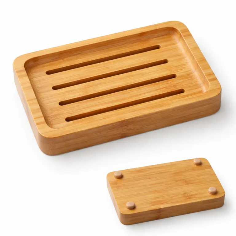 A bamboo soap dish with parallel drain grooves and discreet anti-slip feet on the base, ensuring stability on wet surfaces. Designed for optimal drainage and practical everyday use.