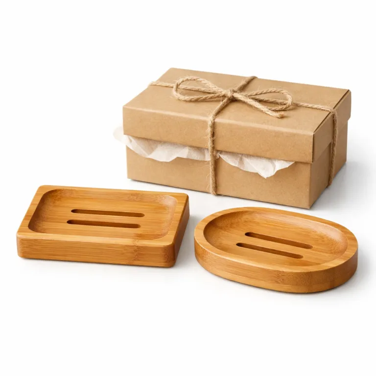 A set of bamboo soap dishes with a silky matte-oiled finish and practical raised rim to prevent soap slipping. Modern design in a ready-to-gift box set.
