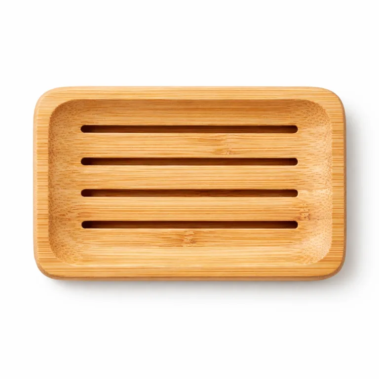 A natural bamboo soap dish featuring parallel drain grooves and gently rounded edges. The surface has a raw bamboo finish, highlighting the wood grain. Designed for efficient drainage and a modern look.