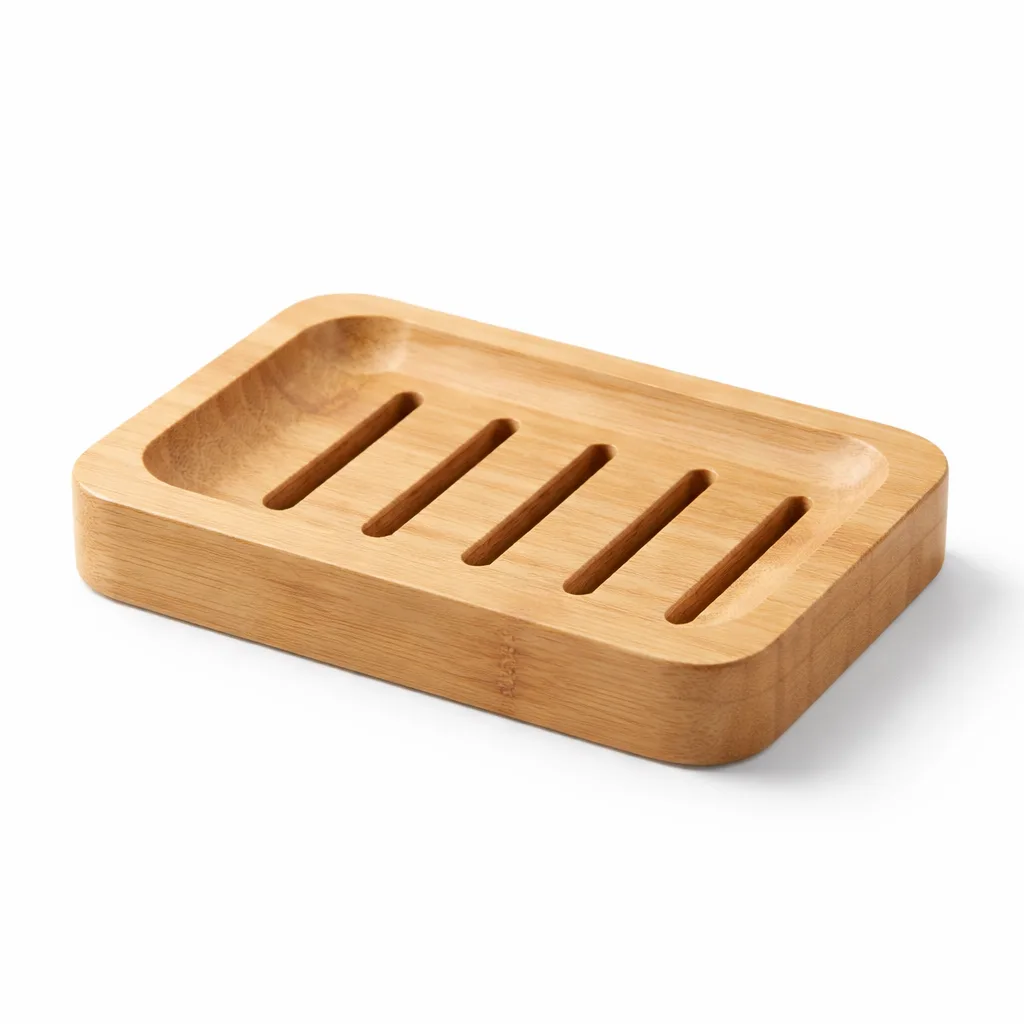 A bamboo soap dish for shampoo bar, featuring a natural finish, rectangular shape, characteristic drainage slots, and smoothly rounded edges for a soft appearance. The crisp studio photography emphasizes the fine bamboo grain.