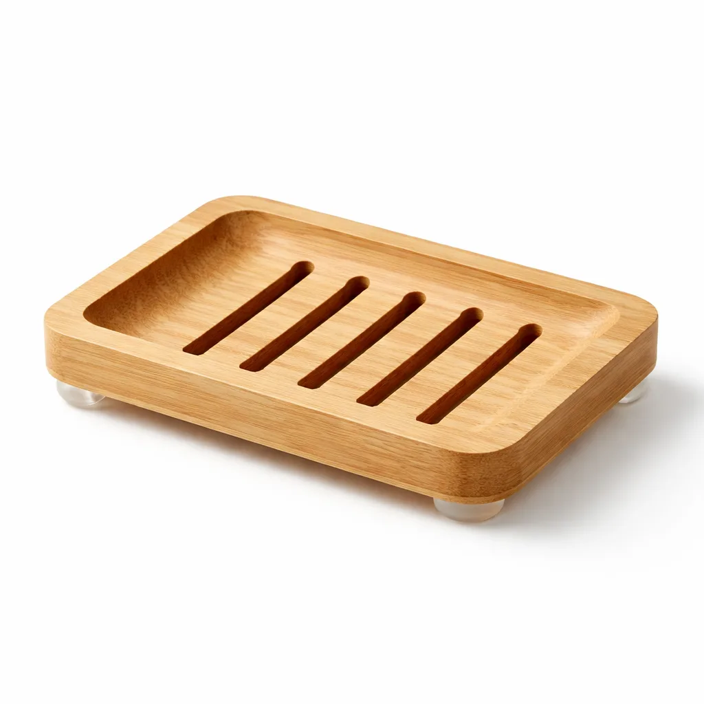 A rectangular bamboo soap dish in a raw, natural finish featuring rounded edges and subtle slots for drainage. Silicone feet are clearly visible underneath, providing stability and preventing slippage. The natural grain of the bamboo is highlighted for a fresh, eco-friendly look.