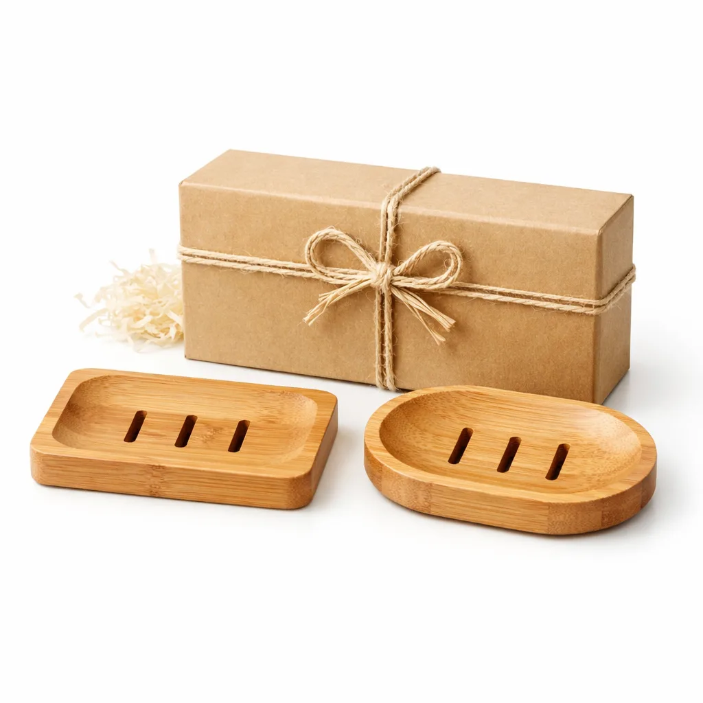 A gift set of bamboo soap dishes featuring natural finish and softly rounded edges for a smooth look. Includes subtle drainage slots to keep soap dry. Packaged beautifully for gifting.