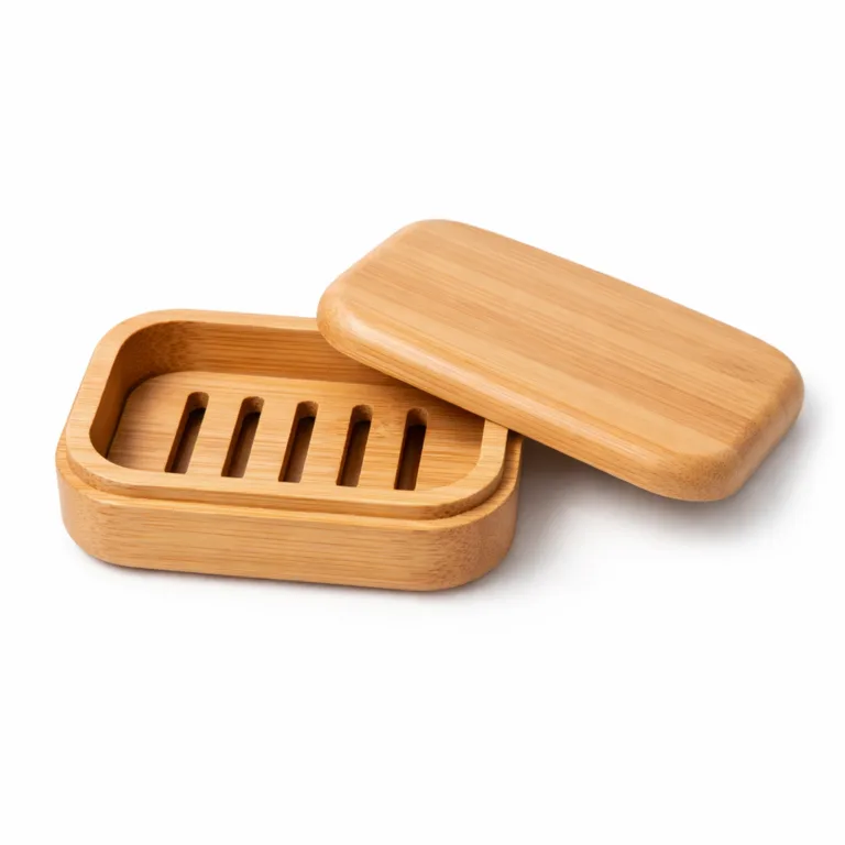 bwa bamboo soap dish natural rounded A travel bamboo soap dish featuring a smooth natural finish and gently rounded edges on the lid and base for a safe and comfortable grip.