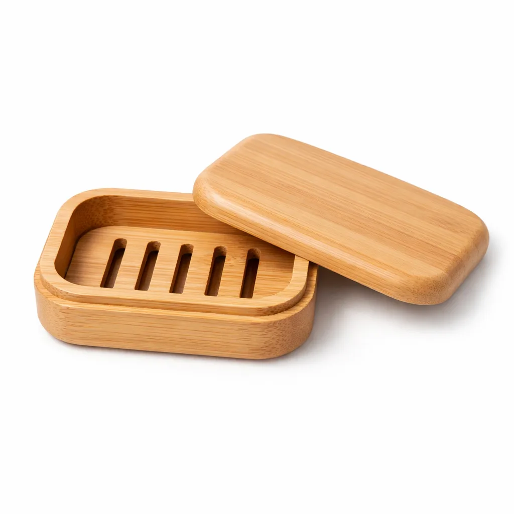 A travel bamboo soap dish featuring a smooth natural finish and gently rounded edges on the lid and base for a safe and comfortable grip.