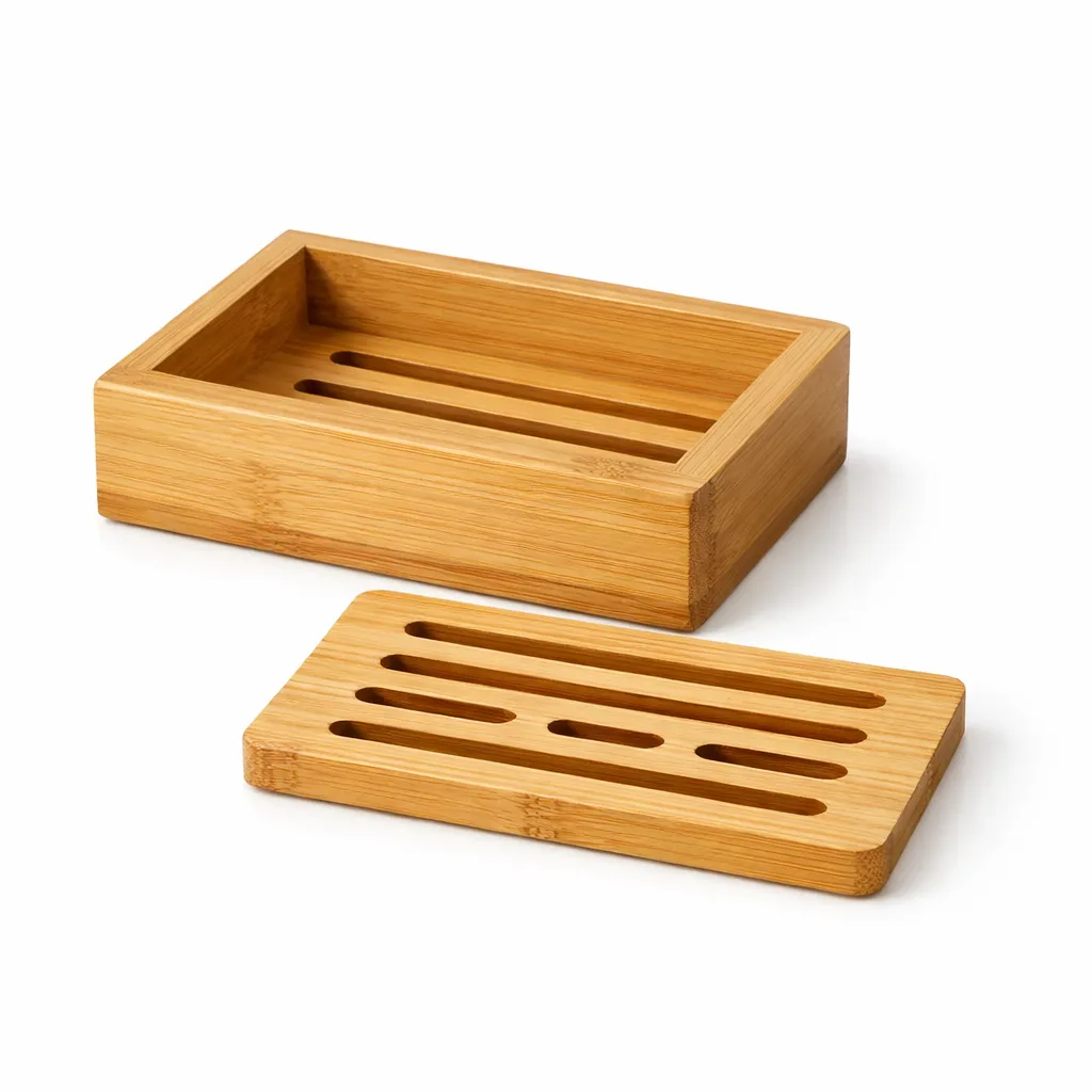 A classic bamboo soap dish featuring a natural finish and a removable grooved tray. The rectangular shape with straight edges showcases the clean, eco-friendly design, highlighted in a sharp white background studio shot.