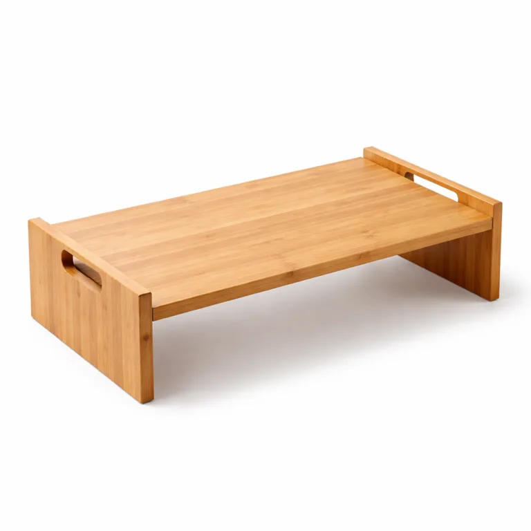 Sofa laptop tray table in matte-oiled bamboo with an ergonomic slot handle on one side, making carrying and positioning effortless.