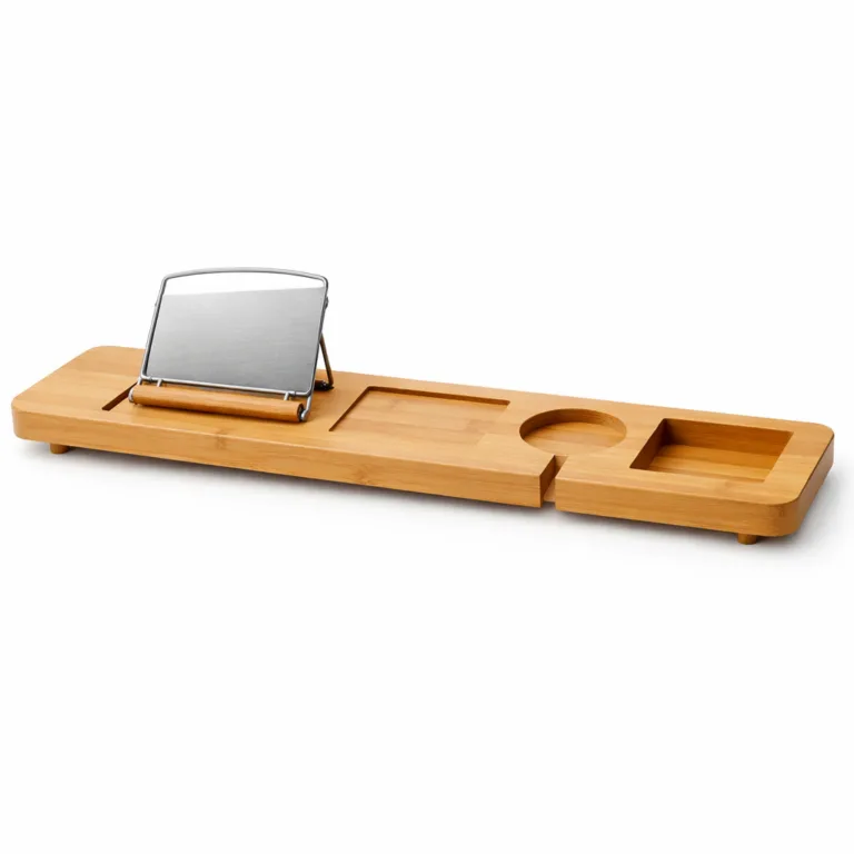 A bamboo spa bath tray caddy with a modern rectangular design, smooth matte-oiled finish, and gently rounded edges. Features slots to hold a book and wine glass. Presented with e-commerce ready studio lighting.
