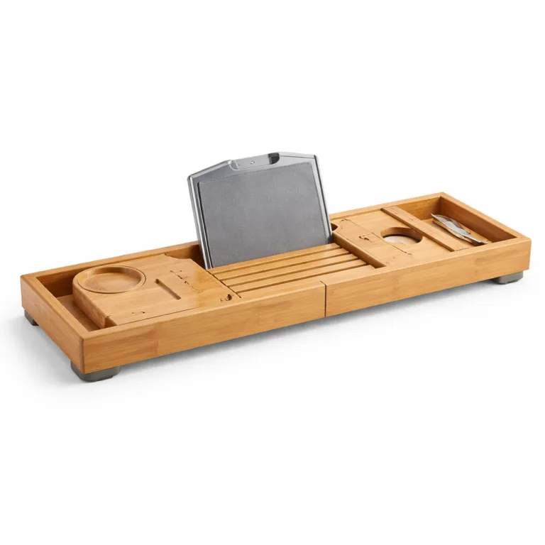 A natural bamboo spa bath tray caddy with a raised rim around the edge for added safety and anti-slip feet underneath. Maintains a modern rectangular shape with dedicated slots for books and wine glass. Photographed for e-commerce.