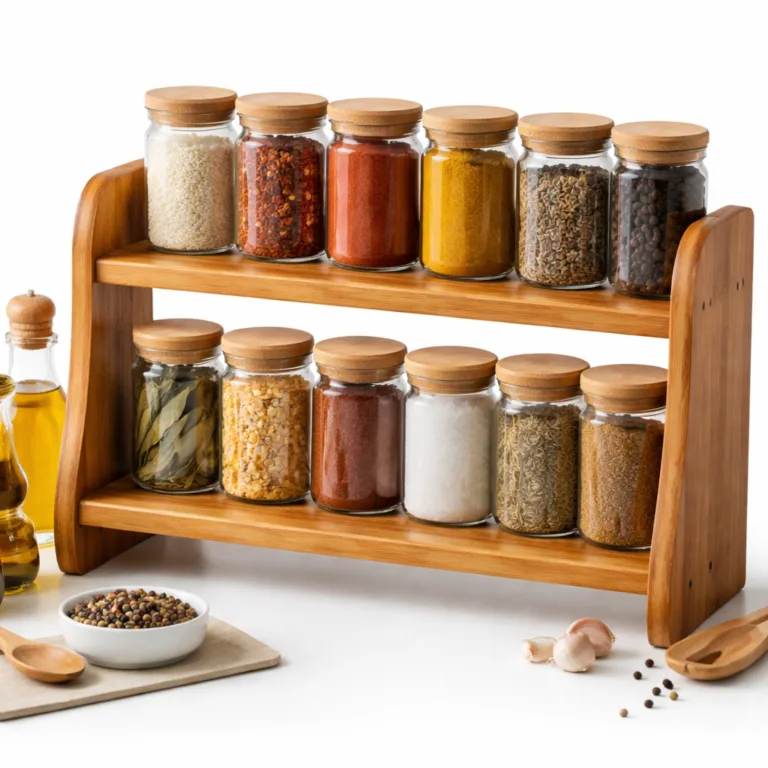 This 2-tier carbonized bamboo spice rack shelf features distinctive rounded corners and a deep, rich wood tone, creating a warm and inviting look while maintaining durability and style.