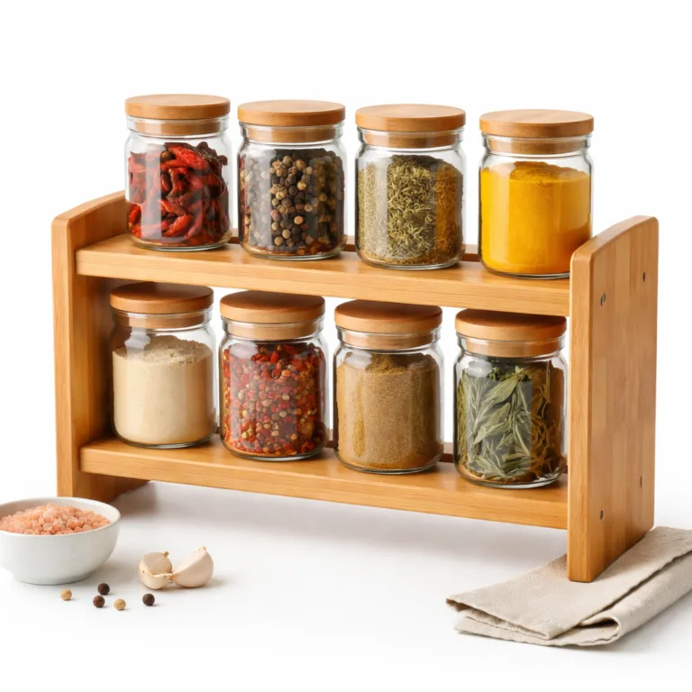 Premium bamboo spice rack shelf in a matte-oiled finish, featuring sleek beveled edges for a refined and contemporary look. The two-tier design offers ample space for spice jars.