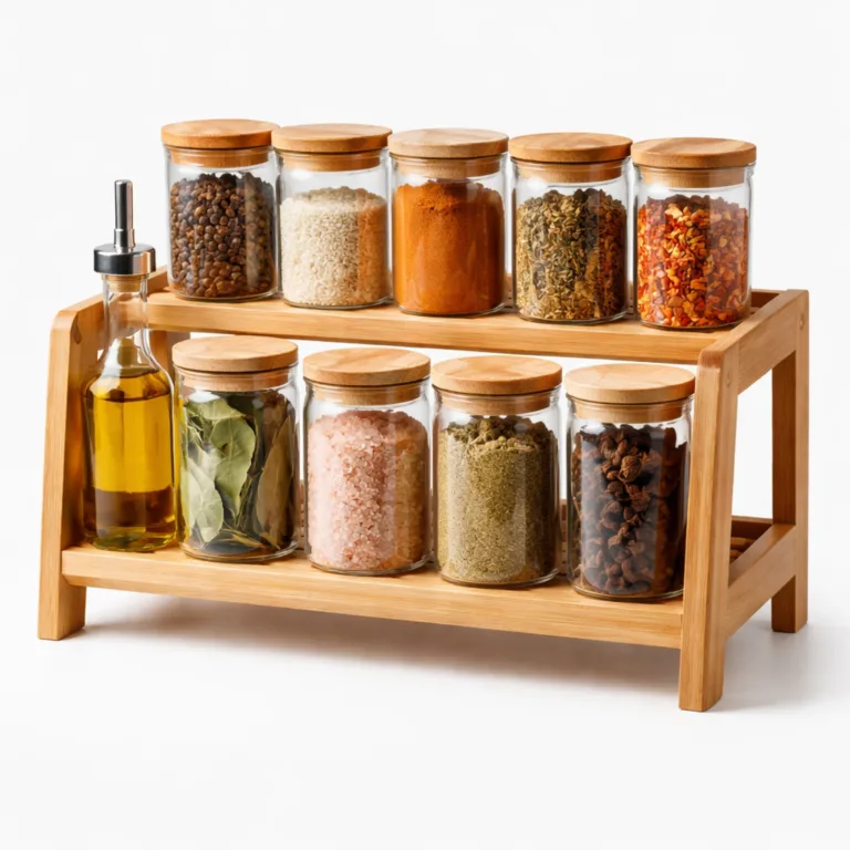A simple and elegant 2-tier bamboo spice rack shelf with a natural finish and classic straight edges, held on a crisp white studio background. The clean style is perfect for modern kitchens.