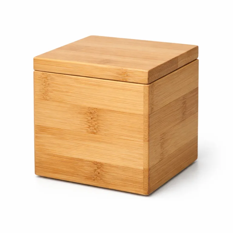 A bamboo square tea canister with a classic natural bamboo finish and flat, smooth edges, photographed in a white background studio setup for a clean e-commerce presentation.